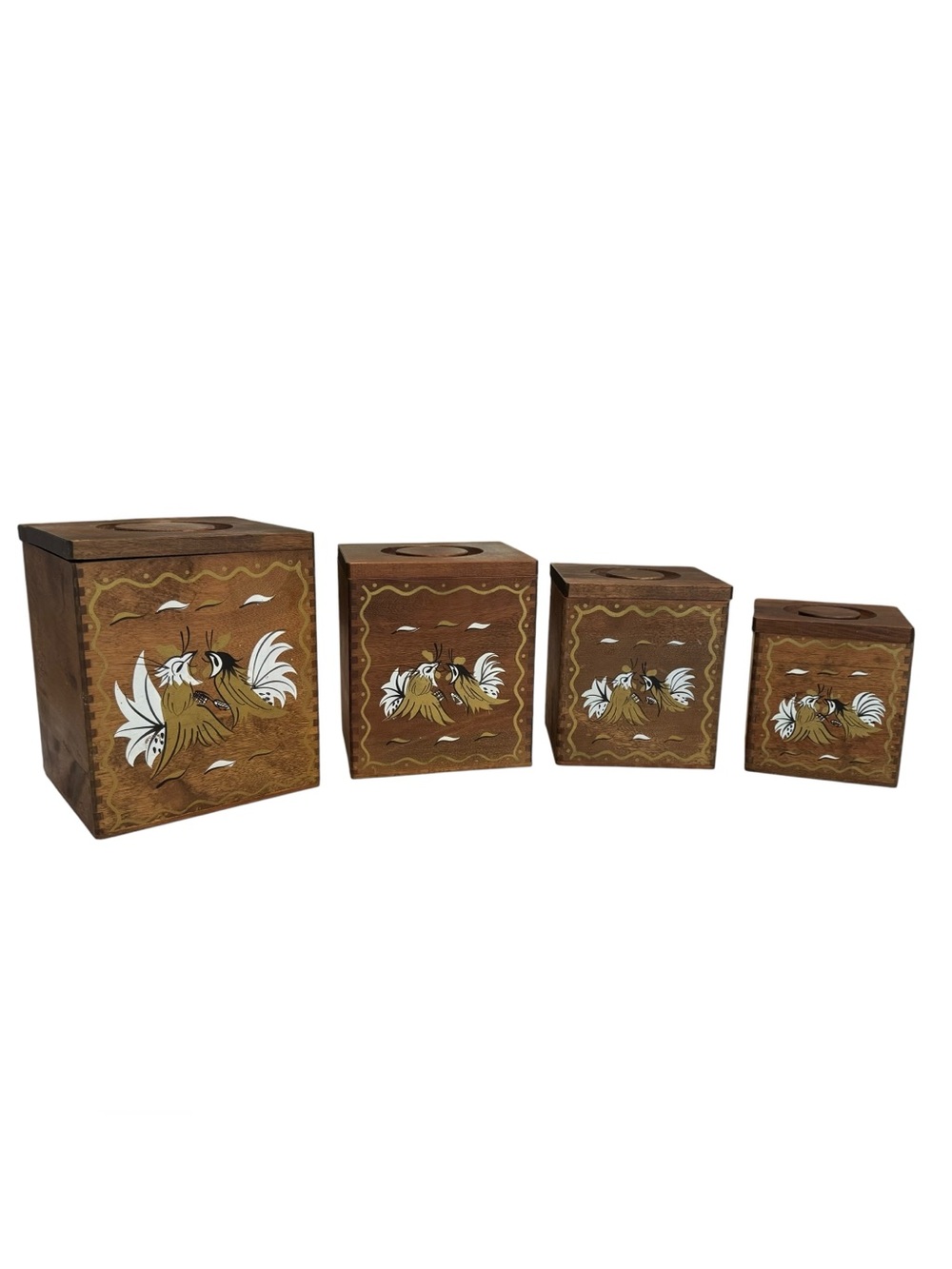 Vintage MCM Wooden 4 Pc Rooster Nesting Canister Box Kitchen Set Hand Painted